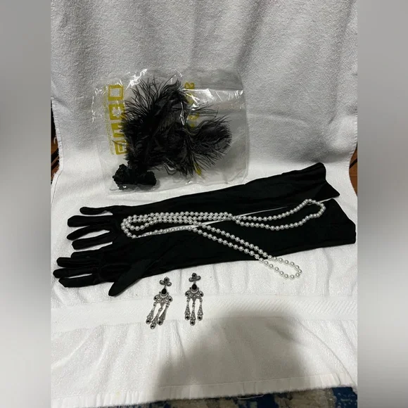 NWT Set Women’s flapper dress XL w gloves, faux Pearls, head piece, and earrings - Picture 4 of 8